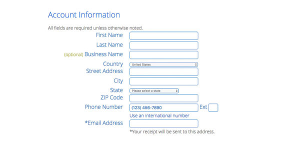 bluehost fill out account info