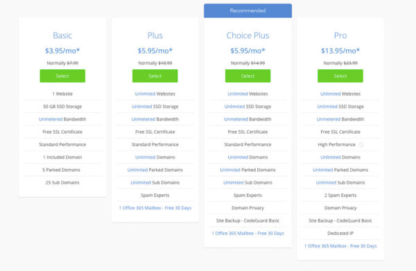 BLUEHOST select a plan